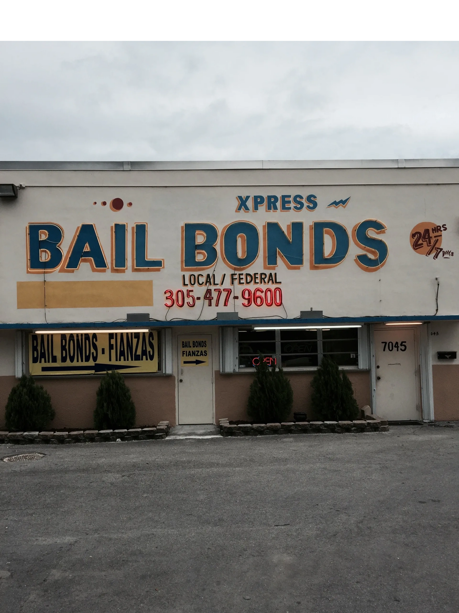 Xpress Bail Bonds storefront by day — XPRESS BAIL BONDS, Local / Federal, 305-477-9600, Bail Bonds · Fianzas, open 24 hours, 7 days, 7045 NW 41 Street